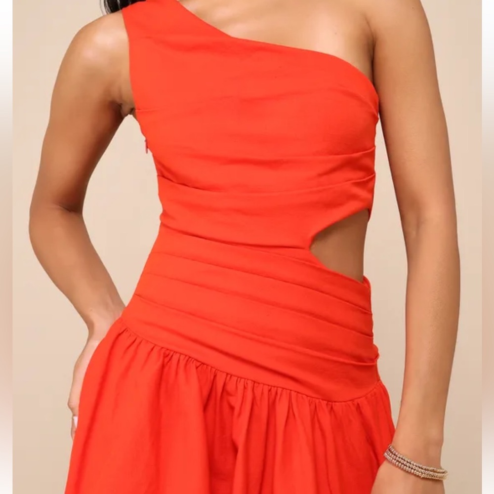 NWT Lulu's Cotton Sunny Persuasion Red Linen Cutout One-Shoulder Midi Dress XL - Picture 3 of 16